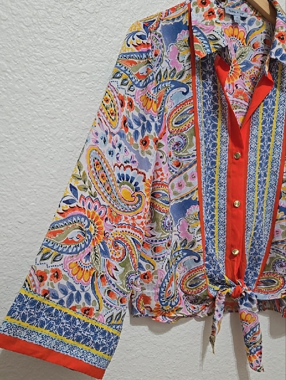 Floral And Ivy Boho Paisley Tie-Front Bell Sleeves Button Shirt - Orange Multi - Picture 3 of 12